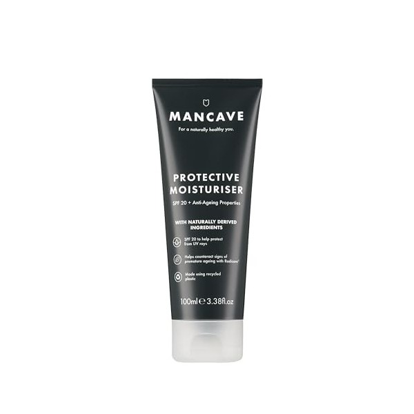 ManCave Crème Hydratante Hommes - Crème Visage Hommes SPF 20 100 ml, Contre Signes Vieillissement Prématuré, Huile Rose Musqu