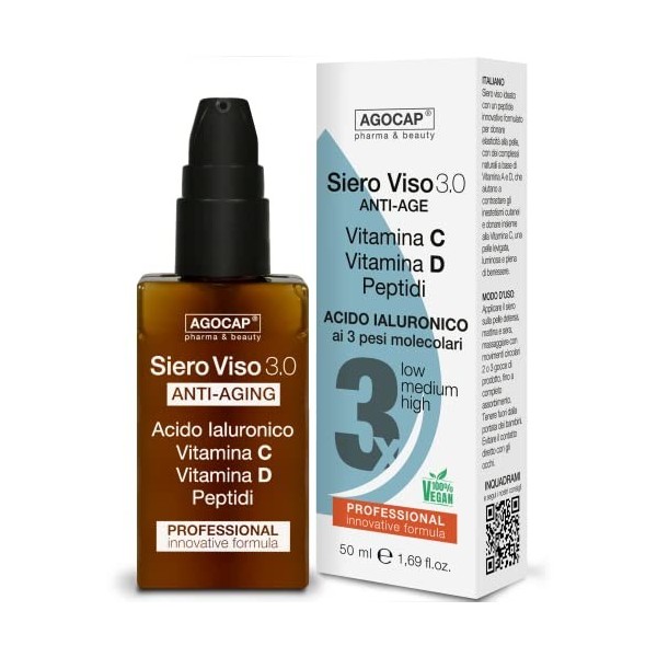 Sérum visage à lacide hyaluronique 3 poids moléculaires avec vitamines C et D, collagène et rétinol. Sérum anti-rides hydrat