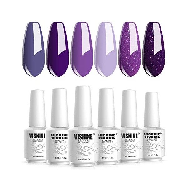 Vishine Lot de 6 Vernis Gel Semi Permanent Pourpre Violet Couleurs Soak Off UV LED Vernis à Ongles Gel Nail Polish Nail Gift 