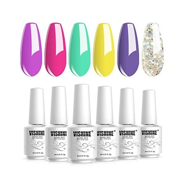 Vishine Lot de 6 Vernis Gel Semi Permanent Pourpre Violet Couleurs Soak Off UV LED Vernis à Ongles Gel Nail Polish Nail Gift 