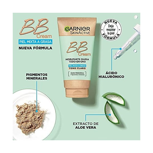 Garnier Crème BB Skin Active, pour peaux mixtes à grasses, avec FPS 25, acide hyaluronique, extrait daloe vera et pigments m