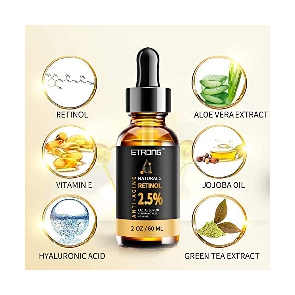 ETRONG 60ml Sérum Rétinol à 2,5% avec Acide Hyaluronique, Aloès Vera, Vitamine E, Sérum Visage Retinol pour Anti-rides, Anti 