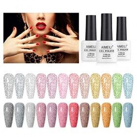 AIMEILI Paillettes Ongles Semi Permanent 12 Couleurs 8 ml Sparkle Glitter Gel Vernis à Ongles UV LED Soak Off Nail Art Manucu