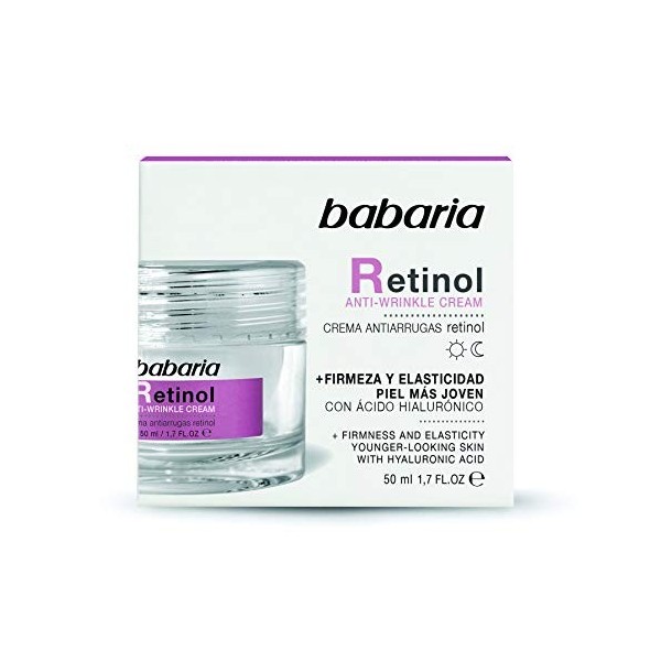 Babaria - Crema Facial Antiarrugas Retinol para Rostro, Cuello y Escote, Otorga Firmeza y Elasticidad, con Ácido Hialurónico,