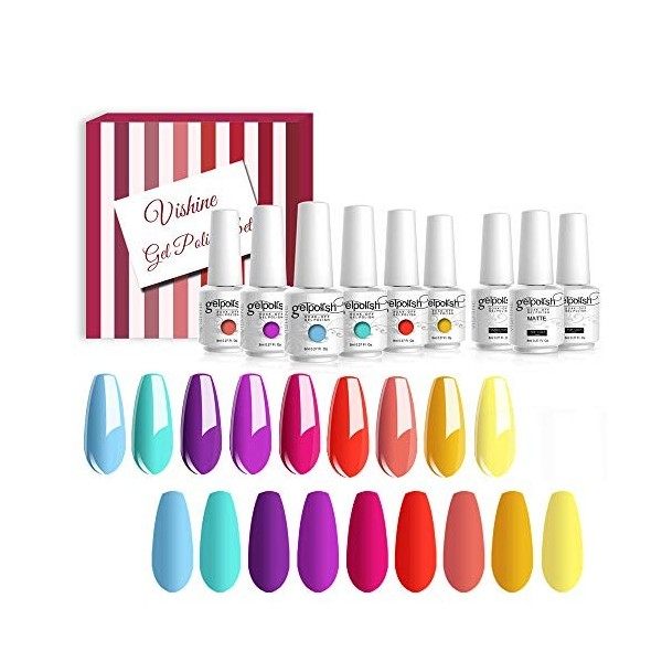 Vishine Vernis Gel Semi Permanent -12 Vernis à Ongles Gel UV LED Gel Polish Soak Off Nail Art Lot Base Top Coat & Matte Top C