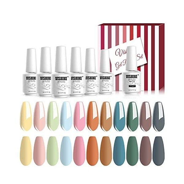 Vishine Vernis Gel Semi Permanent -12 Vernis à Ongles Gel UV LED Gel Polish Soak Off Nail Art Lot Base Top Coat & Matte Top C