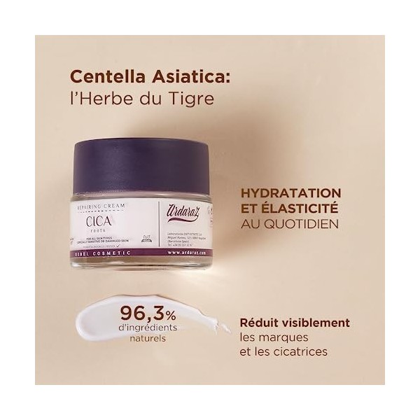 Ardaraz Crème hydratante visage à la Centella Asiatica et à lHuile dOlive. Creme Anti rides Femme, Répare et Adoucit la pea