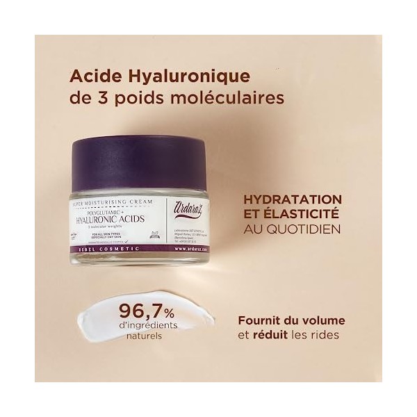 Ardaraz Crème hydratante visage à lAcide Hyaluronique de 3 poids moléculaires et à lAcide Polyglutamique. Creme anti rides 