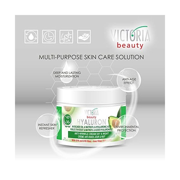 Victoria Beauty Hyaluron Crème anti-ride jour et nuit à lhuile davocat et Matrixyl avec filtres UV Pour les plus de 30 ans 