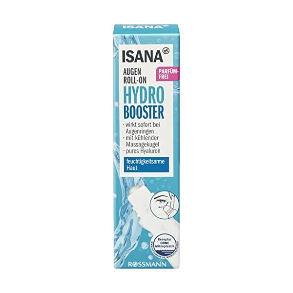 ISANA Hydro Booster Eye Roller 15 ml pour peaux déshydratées, hyaluron & caféine, jusquà 40% dhydratation après 2h