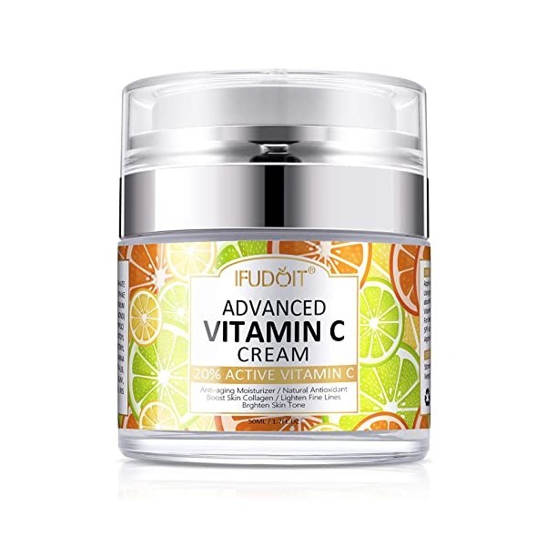 Crème Visage à la Vitamine C pour Femme et Homme, Hydratant Visage à Lacide Hyaluronique & Vitamine E, Crème de Jour, Crème 