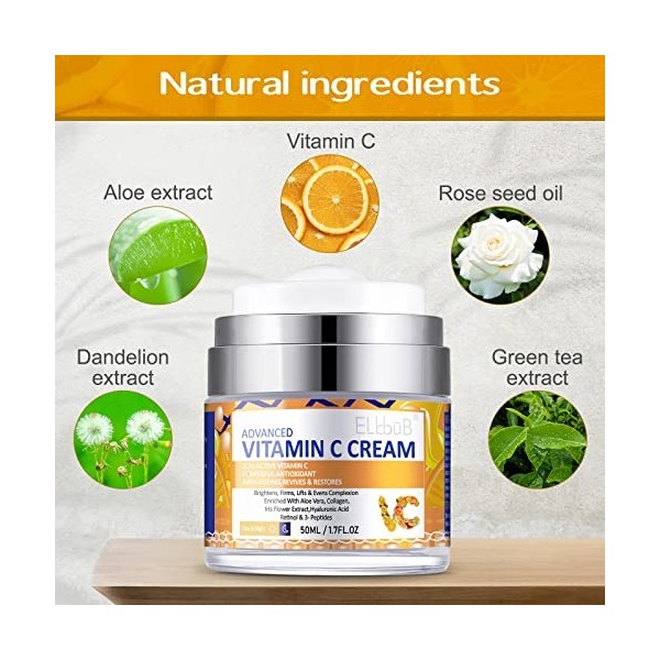 Crème hydratante à la vitamine C pour tous les types de peau avec 20% de vitamine C - Augmente le collagène de la peau, hydra