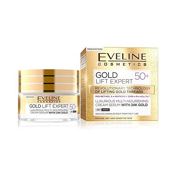 Eveline Cosmetics Gold Lift Expert Crème-Sérum Multi-Nourrissante À lOr 24k 50+ Crème Lifting Anti-Rides Visage Aux Vitamine