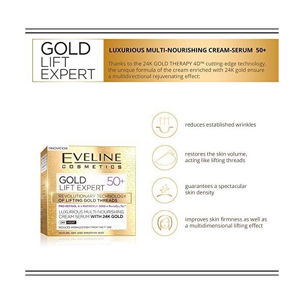 Eveline Cosmetics Gold Lift Expert Crème-Sérum Multi-Nourrissante À lOr 24k 50+ Crème Lifting Anti-Rides Visage Aux Vitamine