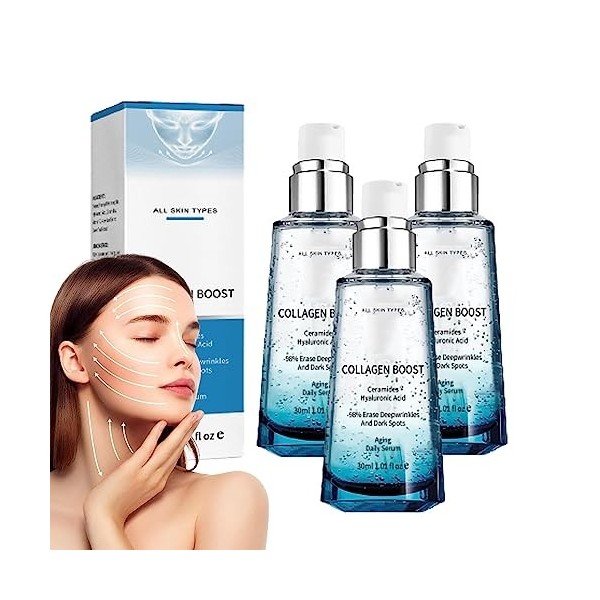 Koran Advanced Collagen Boost Lot de 3 sérums anti-âge à lacide hyaluronique pour le visage, sérum au peptide de collagène, 