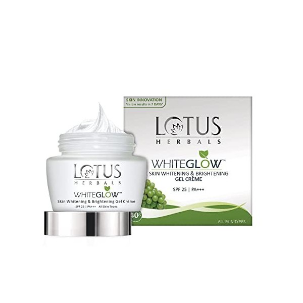 Lotus Herbals WhiteGlow Gel blanchissant et éclaircissant pour la peau, crème pour le visage avec SPF-25, pour tous les types