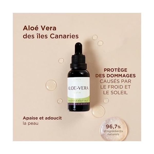 Ardaraz Sérum Visage Apaisant avec concentré 500% dAloe Vera des îles Canaries. Serum anti rides qui répare la peau des domm