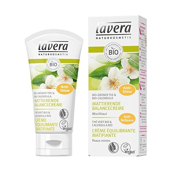 lavera crème équilibrante matifiante - crème visage au thé vert bio & calendula bio - soin équilibrant pour peaux mixtes - af