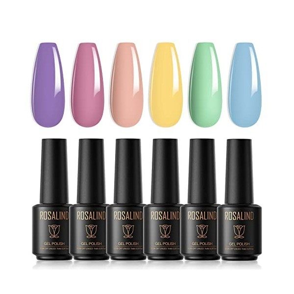 ROSALIND Vernis Semi Permanent，6 Couleurs 7 Ml Nu Pastel Vernis à Ongles Nail Gel UV LED Soak off Manucure Kit