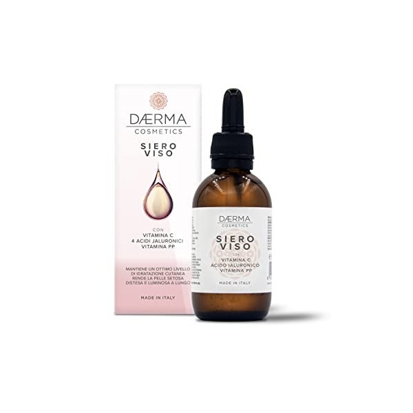 SÉRUM VISAGE 50 ml avec Vitamine C, 4 types différents dAcide Hyaluronique et Vitamine PP. Vegan, il ne contient pas de Para