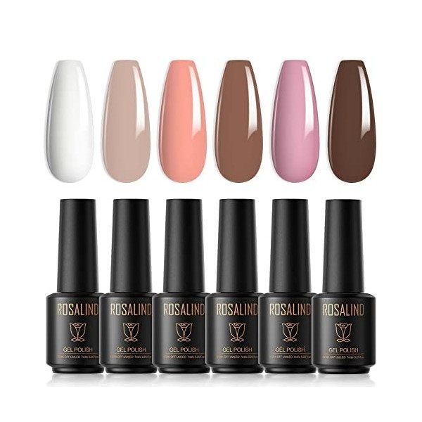 ROSALIND Vernis Semi Permanent，6 Couleurs 7 Ml Nu Pastel Vernis à Ongles Nail Gel UV LED Soak off Manucure Kit