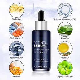 AESHORY Sérum au Rétinol 50ml pour Visage/Cou/Yeux, Haute Résistance avec 5% Rétinol, 30% Vitamine C, Vitamine E et Acide Hya