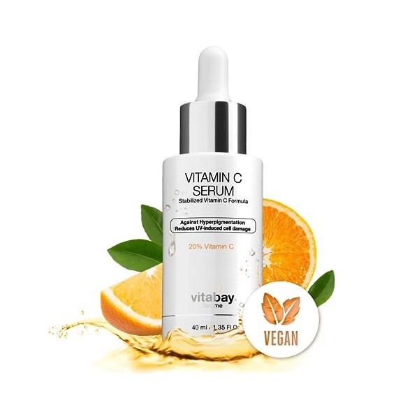 VITABAY Vitamine c serum visage soins pour le visage 40 ml avec 20% de vitamine c pour visage - Serum visage au parfum doran