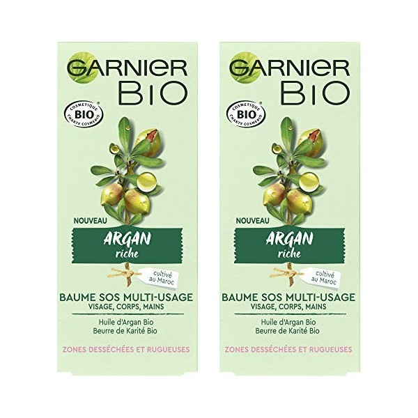 Garnier Bio - Baume SOS Multi-Usage - Argan Riche - Zones Desséchées et Rugueuses - Lot de 2 x 50 ml