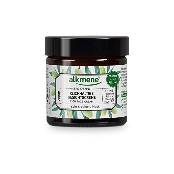 alkmene Soin hydratant visage à lolive biologique - Crème hydratante pour peaux très sèches - soin du visage sans silicones,