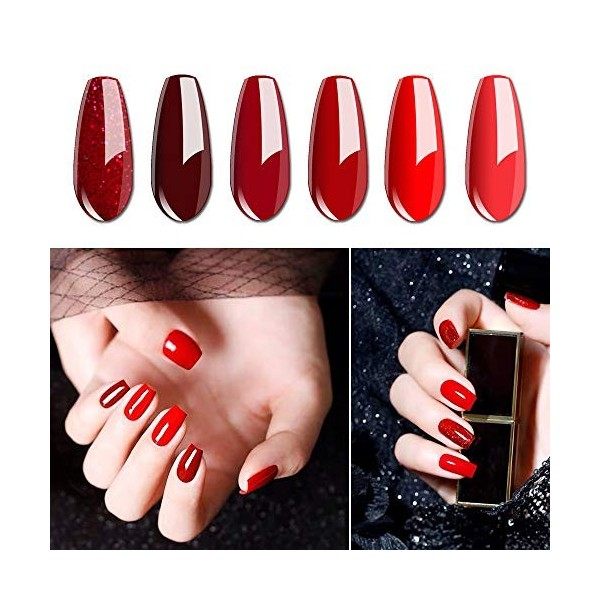 Vishine Bordeaux Rouge Pailleté Vernis Semi permanent Lot de 6 Vernis gel Brillants UV LED Soak off Nail Art 8ml