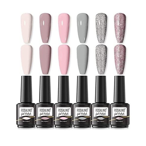 ROSALIND 15ml Vernis Semi Permanent Nude Rose Vert Gris Vernis à Ongles Gel Soak off pour UV LED, 6 Couleurs Nail Art Kit Ver