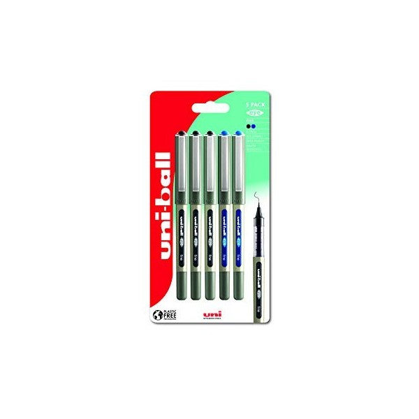 uni-ball UB-157 Eye Lot de 5 stylos à bille Pointe fine 0,7 mm Encre liquide résistante à leau Noir/bleu