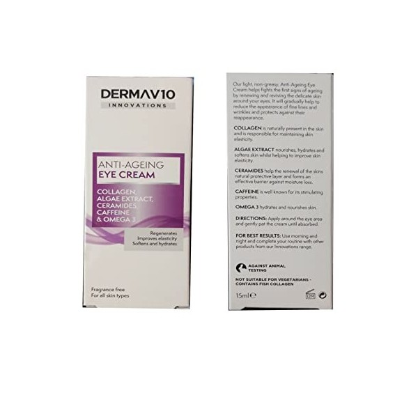 Deux paquets de Derma V10 Innovations anti-âge Crème contour des yeux 15 ml