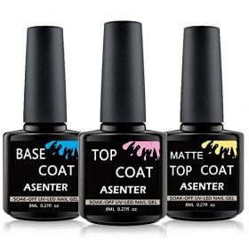 ASENTER Base et Top Coat Vernis Semi Permanent No Wipe Top Coat et Base Coat UV LED Soak Off 3 * 8ML