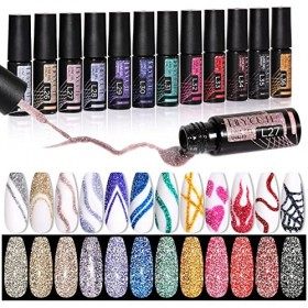 LILYCUTE Nail Art Liner Gel Gel Polish Set 12 Pcs, Néon Reflective Liner Gel Nail Polish, Glitter Diamond Nail Gel Polish Se