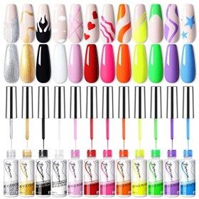 NICOLE DIARY Gel Liner Nail Art Vernis Semi Permanent, 12 Couleurs de Paillettes pour les Ongles, Vernis à ongles Set pour Dr