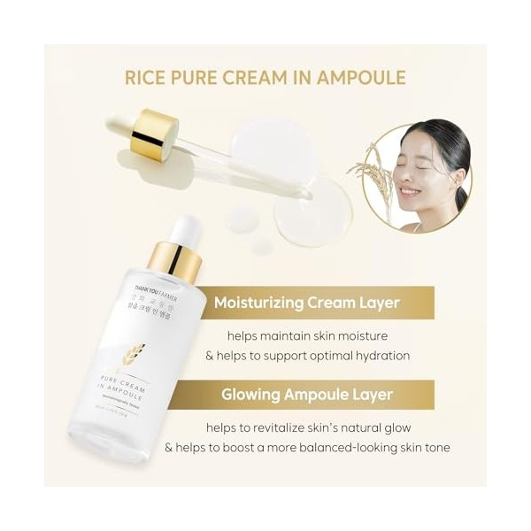 THANKYOU FARMER Rice Pure Cream In Ampoule 50ml - Sérum éclaircissant pour la peau, Glass Skin Korean Skincare, Extraits excl