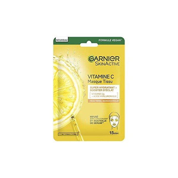 Garnier - Masque Tissu Hydratant - Booster DEclat - Enrichi En Vitamine C Et Acide Hyaluronique - Formule Vegan - Pour Les P