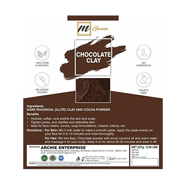 mGanna 100 % Natuurlijke Chocolade Klei een combinatie van donkere Rhassoul klei en cacaopoeder pour les masques de cheveux