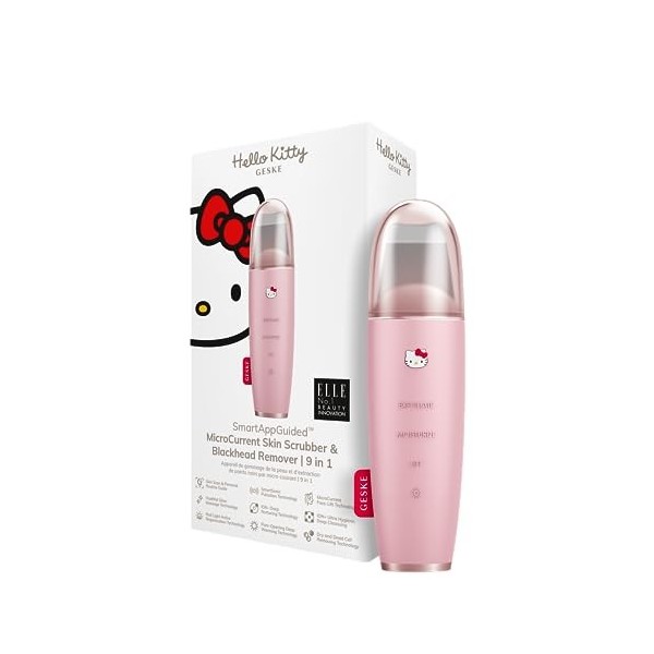 GESKE x Hello Kitty | SmartAppGuided™ MicroCurrent Skin Scrubber & Blackhead Remover | 9 in 1 | Outil soins peau | Nettoyage 