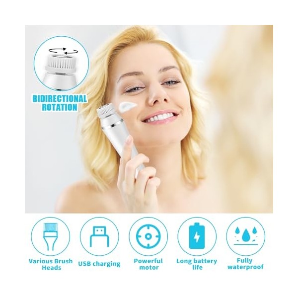 Aoreun Brosse Nettoyante Visage Electrique, Rechargeable Brosse Visage Rotative avec 4 Brosses Etanche Nettoyante Visage 3 Ré