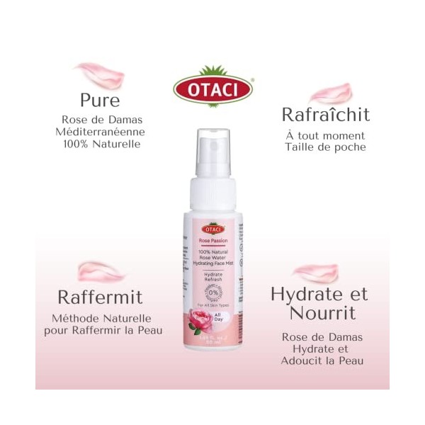 OTACI Eau de Rose 100% Naturelle, Spray Hydratant pour le Visage, Eau Pure de Rose de Damas, Nettoyant pour le Visage, Rafraî