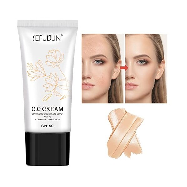 CC Cream, Fond de teint à couverture totale, Base de maquillage et écran solaire SPF 50+, Hydratant anti-âge, Couleur naturel