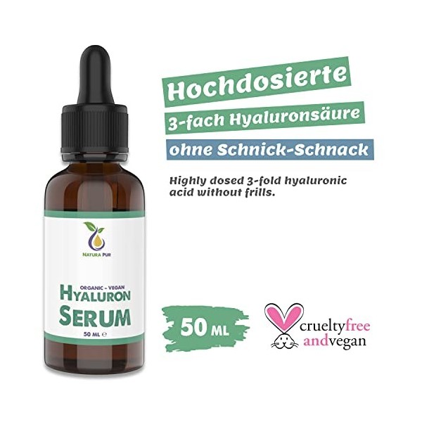 BIO Sérum Acide Hyaluronique 50ml, vegan - Gel hautement dosé dacide hyaluronique avec aloe vera contre les rides du visage,