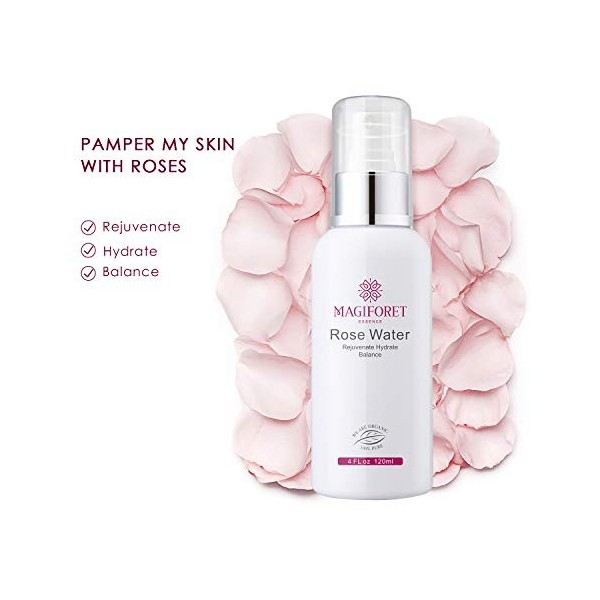 Spray à leau de rose de 4 oz 120ml , MagiForet Spray Tonifiant à leau de rose, 100% Bio, thérapeutique sans alcool, Eau de