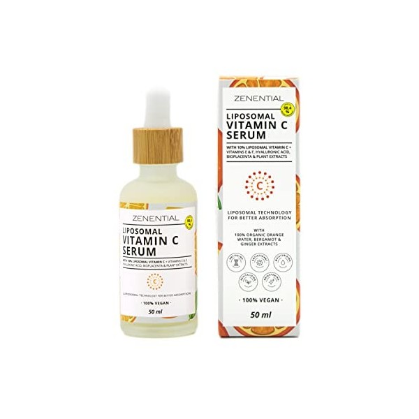 Zenential | Sérum Facial avec 10% de vitamine C liposomale + Vitamines E et F, Acide Hyaluronique, Bioplacenta | 50 ml | Anti