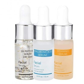 Sérum pour le visage, sérum à lacide hyaluronique + sérum à la vitamine C + sérum aux six peptides or 24 carats anti-âge hyd