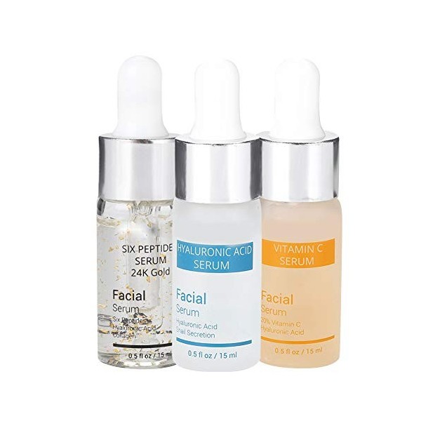 Sérum pour le visage, sérum à lacide hyaluronique + sérum à la vitamine C + sérum aux six peptides or 24 carats anti-âge hyd