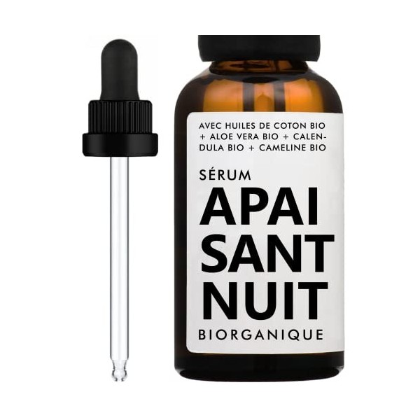 Sérum Visage NUIT | 100% naturel | Avec Huiles de Coton BIO + Calendula BIO + Aloe vera BIO + Jojoba BIO + Bisabolo BIO | Apa