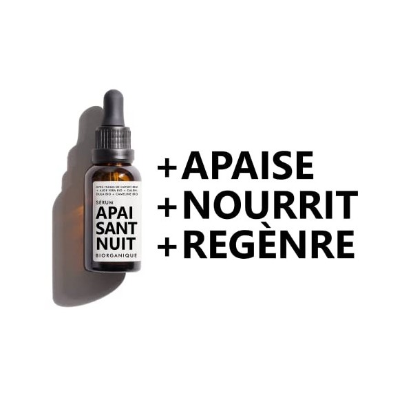 Sérum Visage NUIT | 100% naturel | Avec Huiles de Coton BIO + Calendula BIO + Aloe vera BIO + Jojoba BIO + Bisabolo BIO | Apa